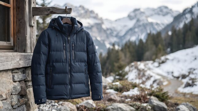 Navy blue hooded winter down puffer jacket hanging outside rustic alpine wooden cabin with scenic snowy mountain landscape background.