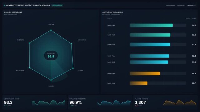 Generative model output quality scoring interface dashboard, for data analytics, performance metrics, system evaluation, quality assurance, digital monitoring solutions in modern