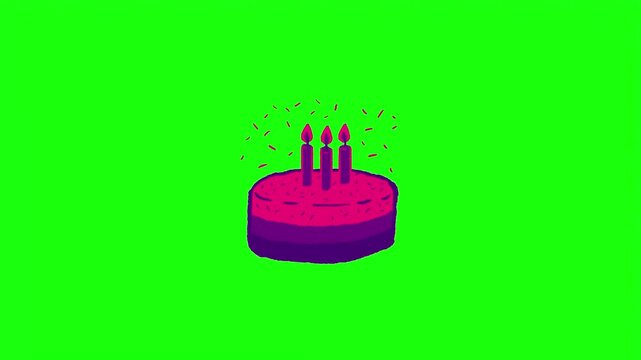 Birthday cake with burning candles and sprinkles vector illustration isolated on green screen.   