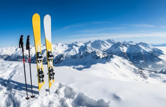 Ski in winter season, mountains and ski touring equipment's on the top in sunny day in France, Alps above the clouds.