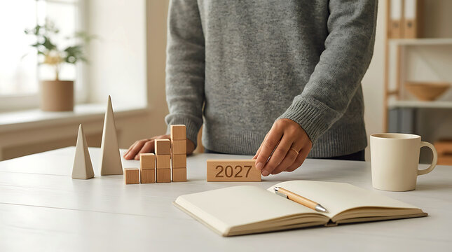 Person arranging wooden blocks with year 2027 on white desk with notebook and cup