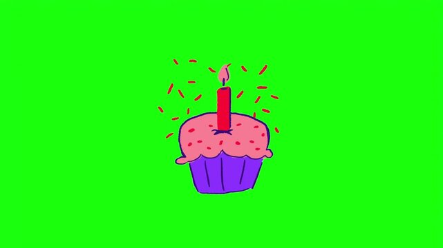 Birthday cake with burning candles and sprinkles vector illustration isolated on green screen.   
