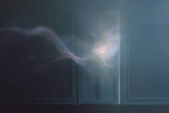 Ethereal glowing third eye symbol floating above a closed door for mystical background, intuition poster and meditation artwork