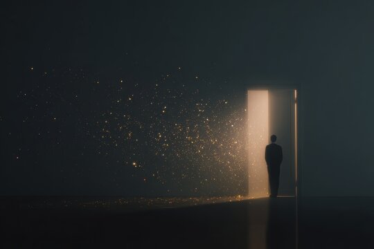 Silhouette standing at an illuminated door with twinkling lights for symbolic background and inspirational poster