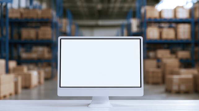 Empty desktop computer monitor in warehouse setting with shelves full of cardboard boxes and industrial storage in background