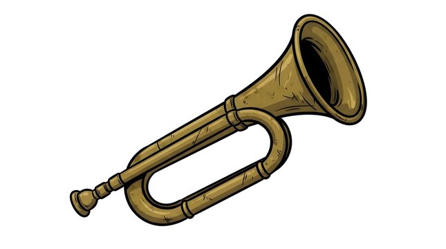 Cartoon illustration of an old brass military bugle or cavalry trumpet, isolated on a white background. Perfect for army or historical themes.