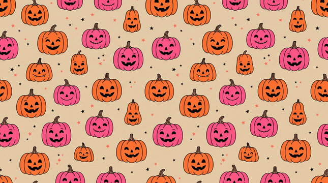 Cute halloween pumpkin pattern design with smiling jack o lanterns in orange and pink on a beige background