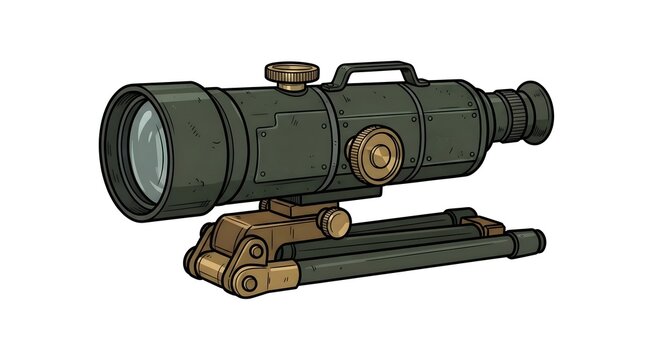 Cartoon illustration of a green military sniper rifle scope or spotting scope mounted on a small bipod/tripod.