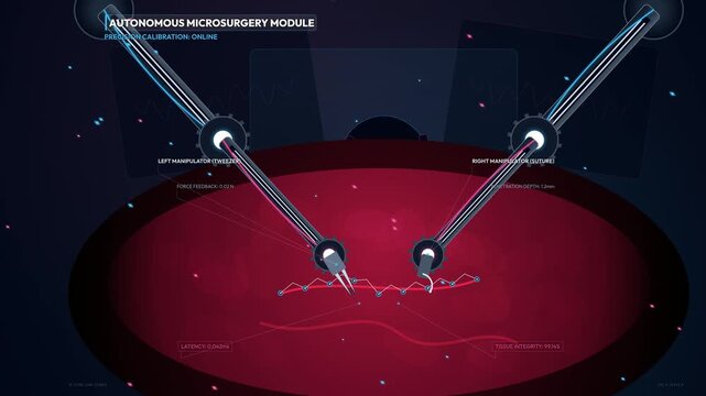 Digital interface of an autonomous microsurgery module displaying robotic arms suturing tissue with real-time data overlays for force feedback and tissue integrity in a futuristic setup
