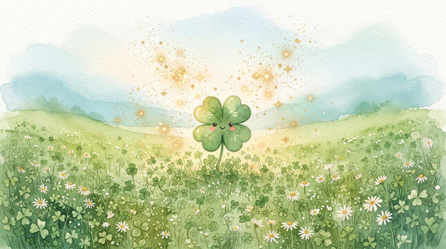 Cute watercolor illustration of a happy fourleaf clover character standing in a lush meadow of clovers and daisies with magical sparkles