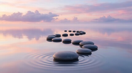 Obraz premium Serene stones arranged in a gentle curve across calm water with pastel sunset hues.