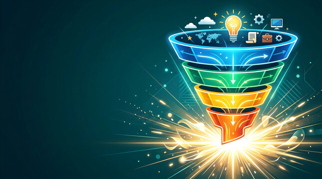 Abstract digital art depicting a multi-layered funnel with icons, representing a process, idea generation, or business flow, showcasing progress
