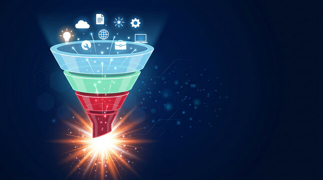 Illustration of a funnel filtering icons representing business, technology, and ideas, symbolizing process, efficiency, and innovation