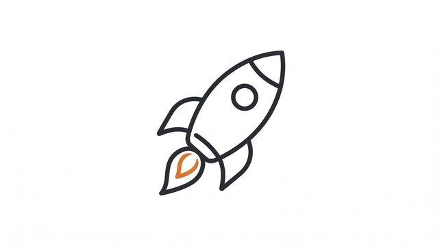 Simple outline illustration of a rocket ship launching with fire and smoke, representing space travel and innovation.