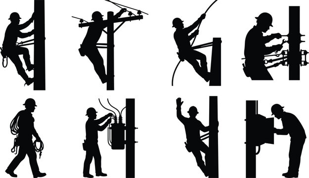 Electrical Linemen Performing Power Line Installation and Maintenance Black Silhouette Vector Collection