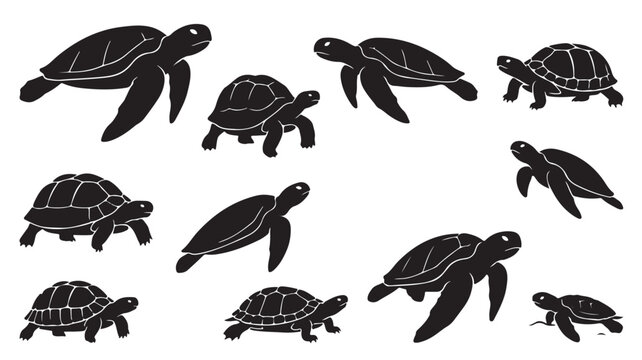 Minimalist black turtle silhouettes set showing sea turtles and tortoises in various poses