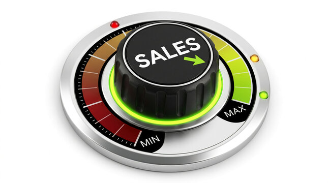 A circular dial with "SALES" prominently displayed, indicating a control or adjustment for business performance, symbolizing growth and achievement