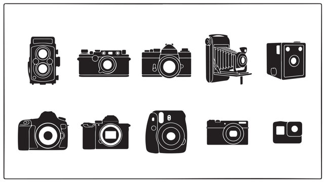 Vintage and modern cameras set featuring black silhouettes showcasing different photography styles