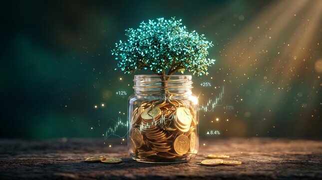 Glass Jar Savings Concept with Luminous Tree, Gold Coins and Rising Percentage Hologram