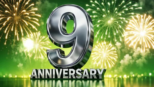 Silver 9 anniversary emblem with golden fireworks on a vibrant green celebration background