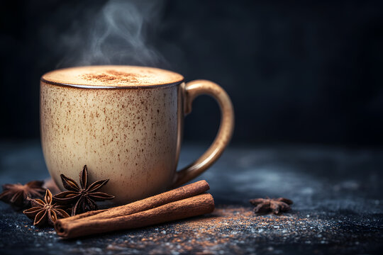 Steaming Spiced Chai Latte in Rustic Ceramic Mug with Cinnamon and Sta