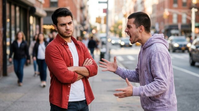 Two young men having a heated argument in the street.