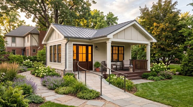 Modern backyard guest house with stone walkway and lush garden