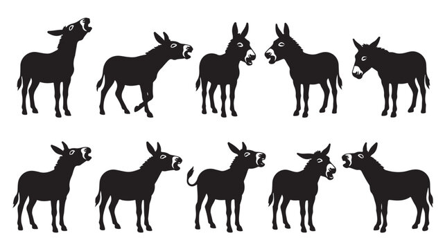 Minimalist black donkey silhouettes in various poses showing farm animal graphics