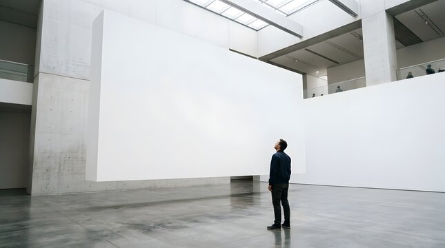 Modern art museum hall with person looking at large empty white display wall