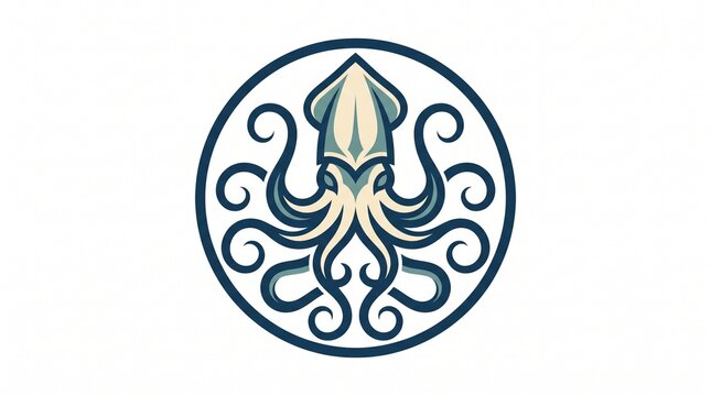 Stylized illustration of a squid or octopus logo within a circular frame.