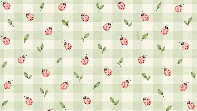 Seamless pattern with cute watercolor ladybugs and green leaves on a light green checkered background