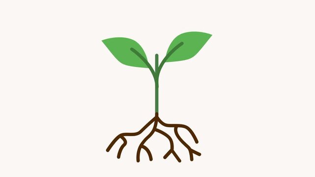 A young green sprout with two open leaves growing upward from brown soil while showing a wide network of visible thin roots spreading underground