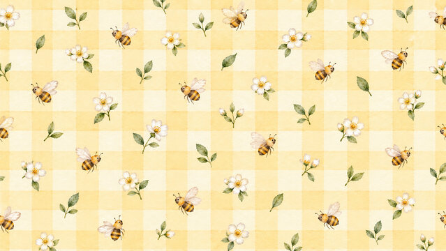 Cute seamless pattern with watercolor bees, flowers, and leaves on yellow gingham background
