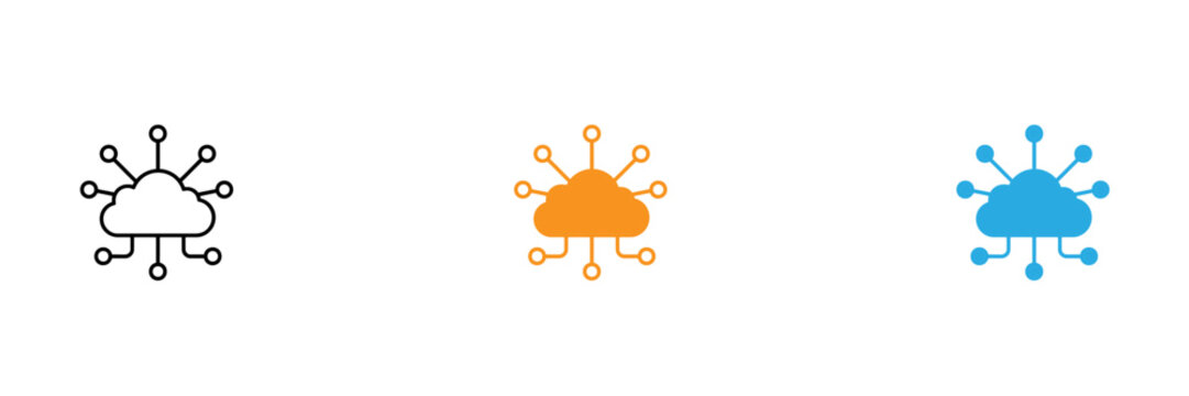 Cloud network connection icons in line orange and filled blue styles