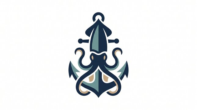 Stylized Squid or Octopus with Anchor Nautical Emblem Logo Design.