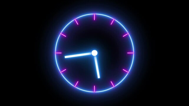 Glowing neon pink and blue color clock icon animation watch stopwatch timer circle wall clock clock dial fast minute hours icon seamless effect footage on black background	