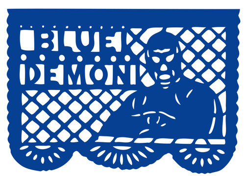 Blue papel picado cutout banner featuring Blue Demon masked wrestler silhouette and typography against a clean white background.
