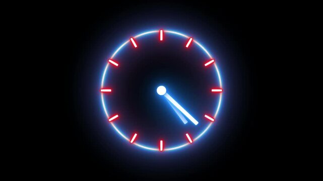 Glowing neon red and blue color clock icon animation watch stopwatch timer circle wall clock clock dial fast minute hours icon seamless effect footage on black background	