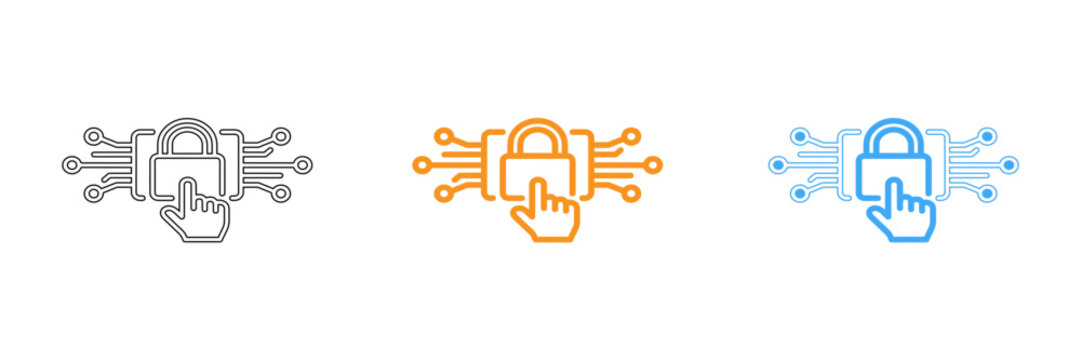 Digital security concept with hand touching circuit board icon set in multiple colors