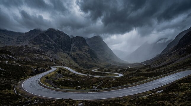 Winding mountain road through dramatic dark valley under stormy skies
