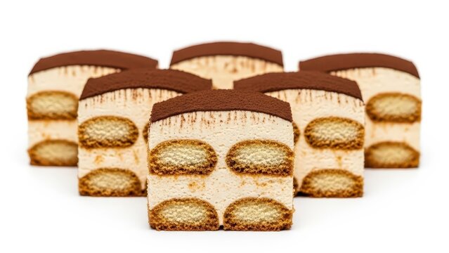 Slices of traditional Italian tiramisu cake with cocoa powder and ladyfinger layers isolated on white background