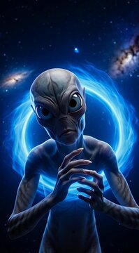 Mysterious extraterrestrial alien standing in deep space before a glowing blue cosmic portal.