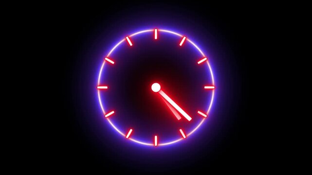 Glowing neon red and blue color clock icon animation watch stopwatch timer circle wall clock clock dial fast minute hours icon seamless effect footage on black background	