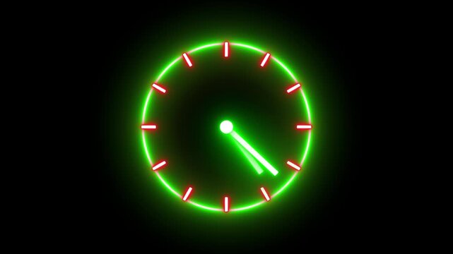 Glowing neon red and green color clock icon animation watch stopwatch timer circle wall clock clock dial fast minute hours icon seamless effect footage on black background	