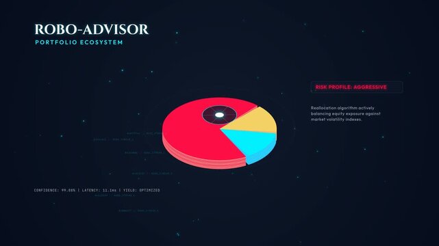 Futuristic robo advisor portfolio ecosystem UI animation showing aggressive and conservative risk profiles with 3D pie chart asset allocation and reallocation algorithm data visualization