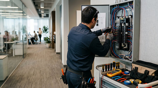 Professional electrician working on a circuit breaker panel in a modern office