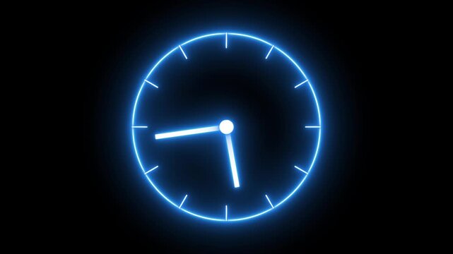 Glowing neon blue color clock icon animation watch stopwatch timer circle wall clock clock dial fast minute hours icon seamless effect footage on black background	