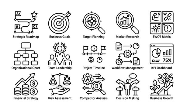 Untitled design - 2 Strategic Planning and Corporate Management Line Icons &ndash; Business Goals, SWOT, KPI, Leadership, Risk and Growth Vector Collection