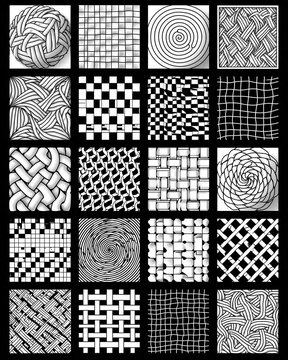 Grid of twenty distinct black and white zentangle patterns arranged in a square layout