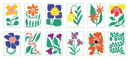 Plakat Colorful floral vector poster collection with bold retro flowers, botanical leaves and playful mid century inspired garden illustrations